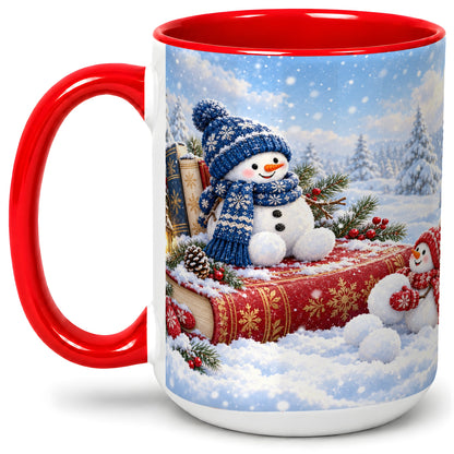 #pl[15oz|Red] Snowman Book Winter Accent Ceramic Mug, Oil Painting Style