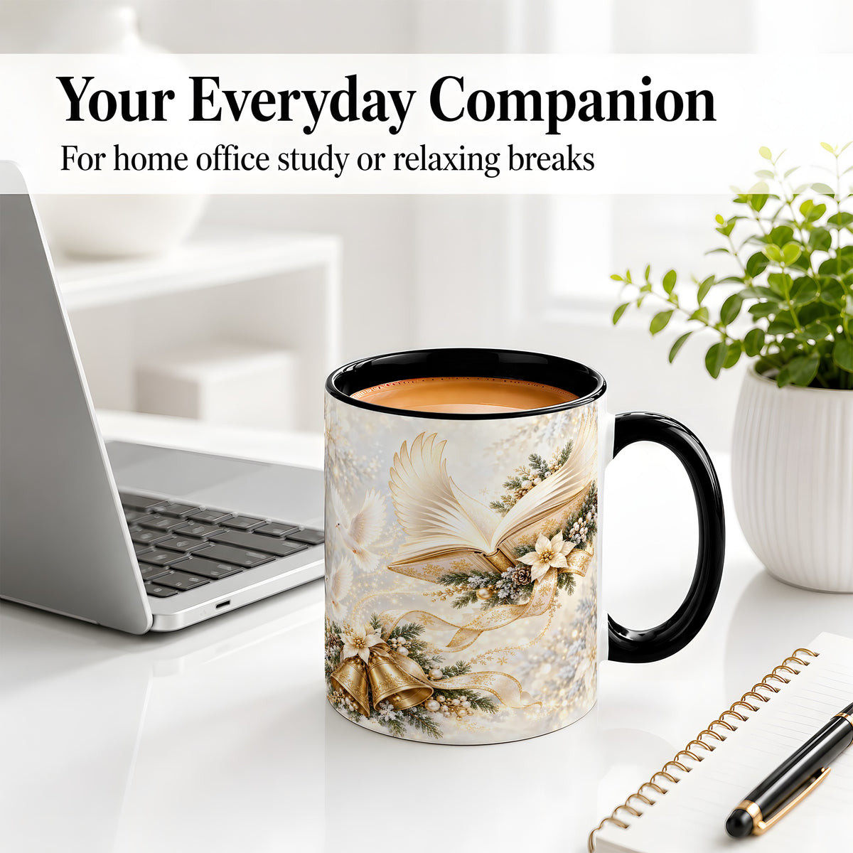 #pl[11oz|Black] Christmas Angel Wings Book Accent Ceramic Mug, Gold Winter Art