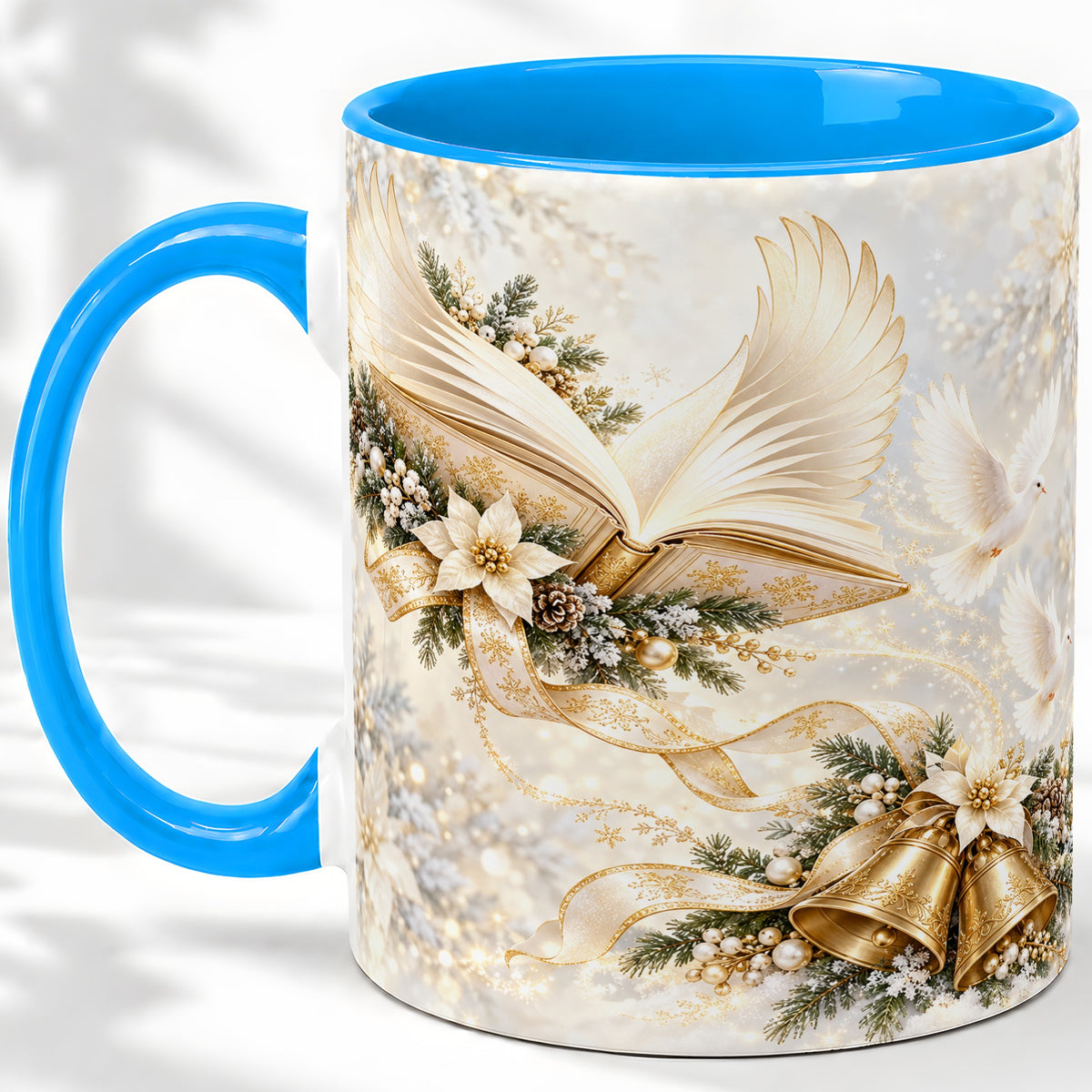 #pl[11oz|Blue] Christmas Angel Wings Book Accent Ceramic Mug, Gold Winter Art