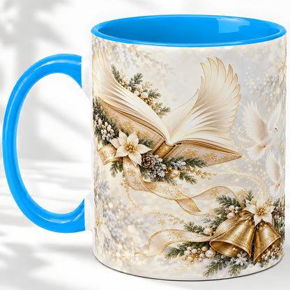 #pl[11oz|Blue] Christmas Angel Wings Book Accent Ceramic Mug, Gold Winter Art
