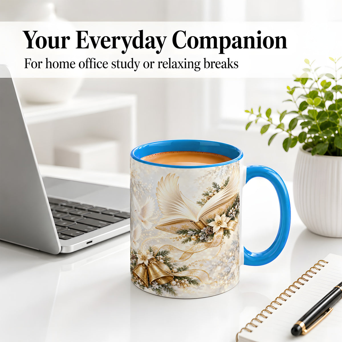 #pl[11oz|Blue] Christmas Angel Wings Book Accent Ceramic Mug, Gold Winter Art