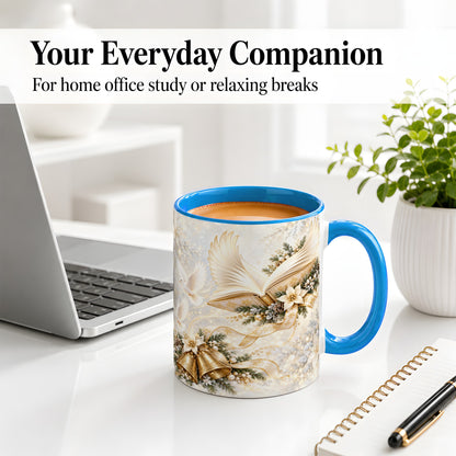 #pl[11oz|Blue] Christmas Angel Wings Book Accent Ceramic Mug, Gold Winter Art