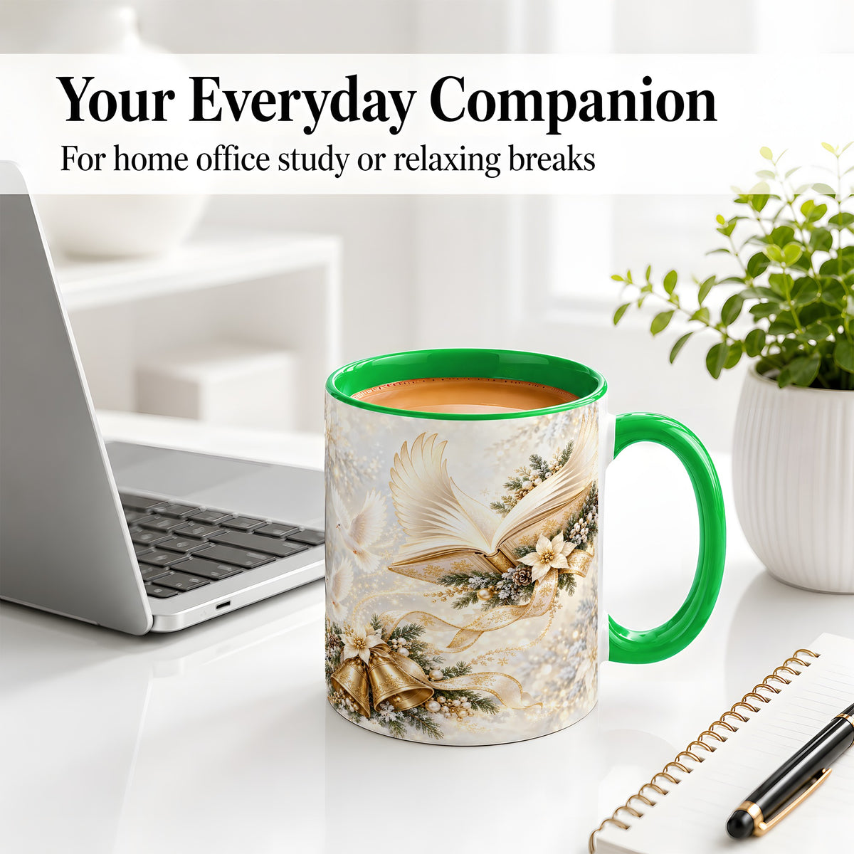 #pl[11oz|Green] Christmas Angel Wings Book Accent Ceramic Mug, Gold Winter Art