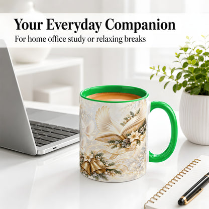 #pl[11oz|Green] Christmas Angel Wings Book Accent Ceramic Mug, Gold Winter Art