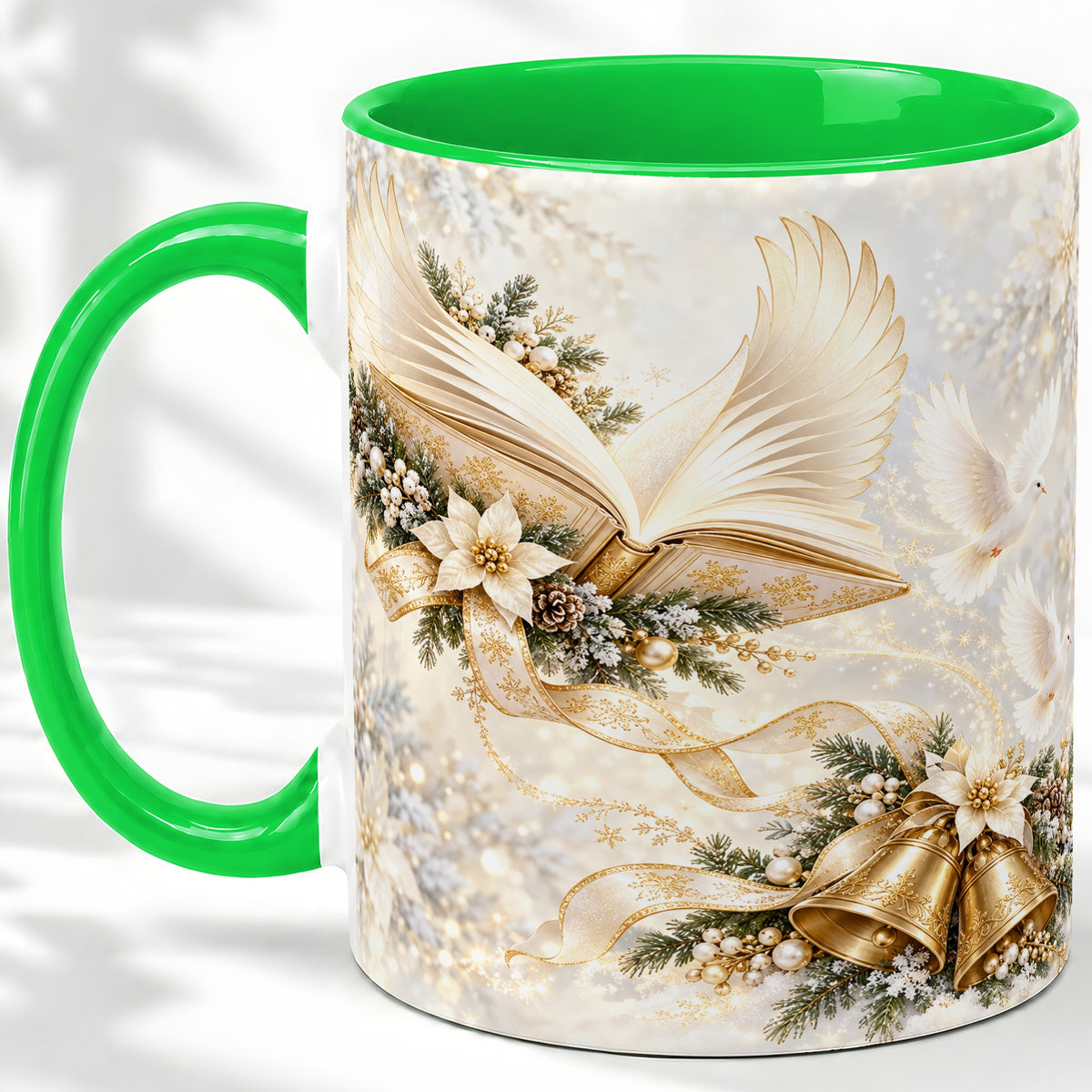 #pl[11oz|Green] Christmas Angel Wings Book Accent Ceramic Mug, Gold Winter Art