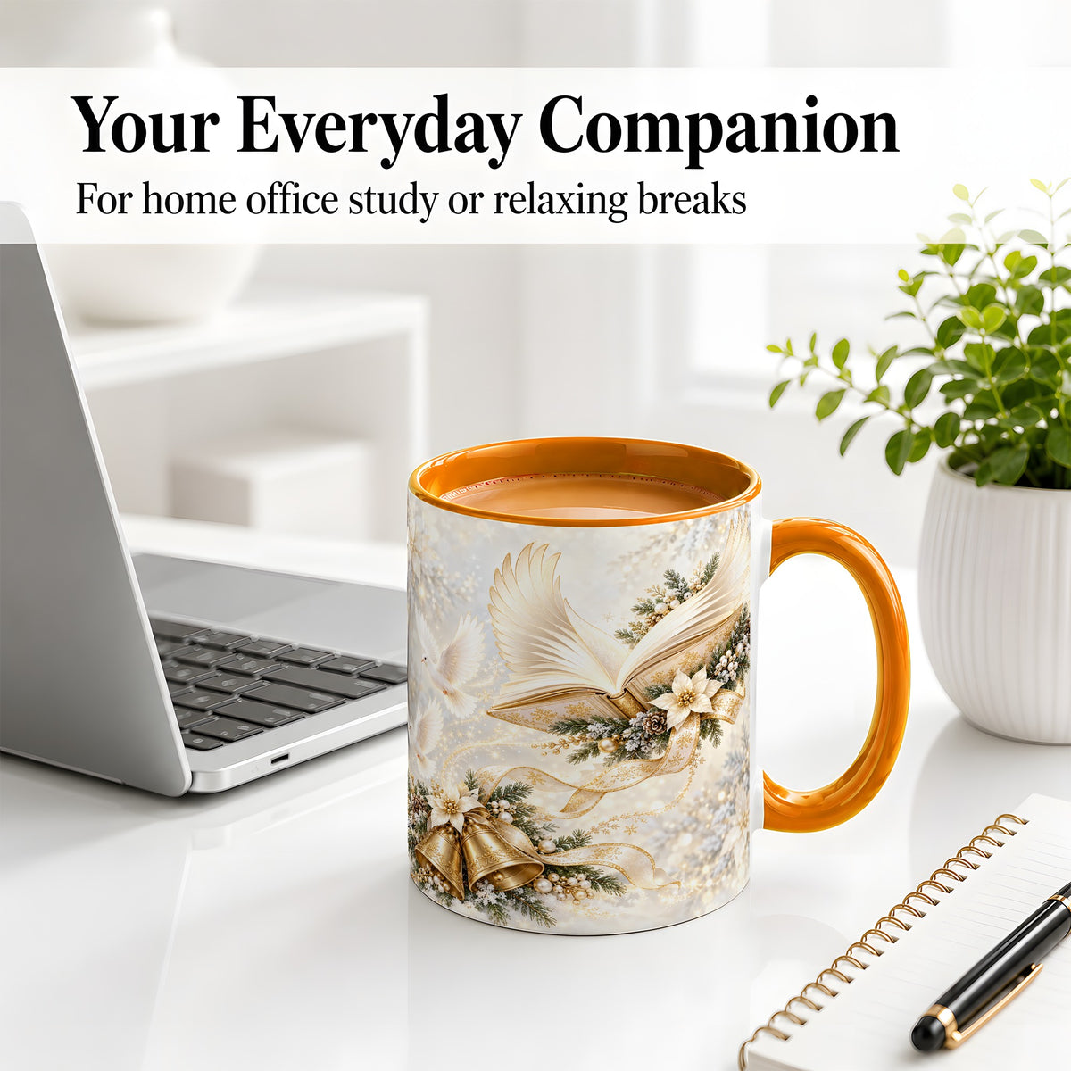 #pl[11oz|Orange] Christmas Angel Wings Book Accent Ceramic Mug, Gold Winter Art