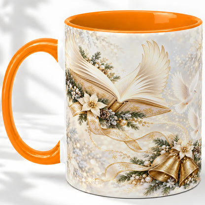 #pl[11oz|Orange] Christmas Angel Wings Book Accent Ceramic Mug, Gold Winter Art