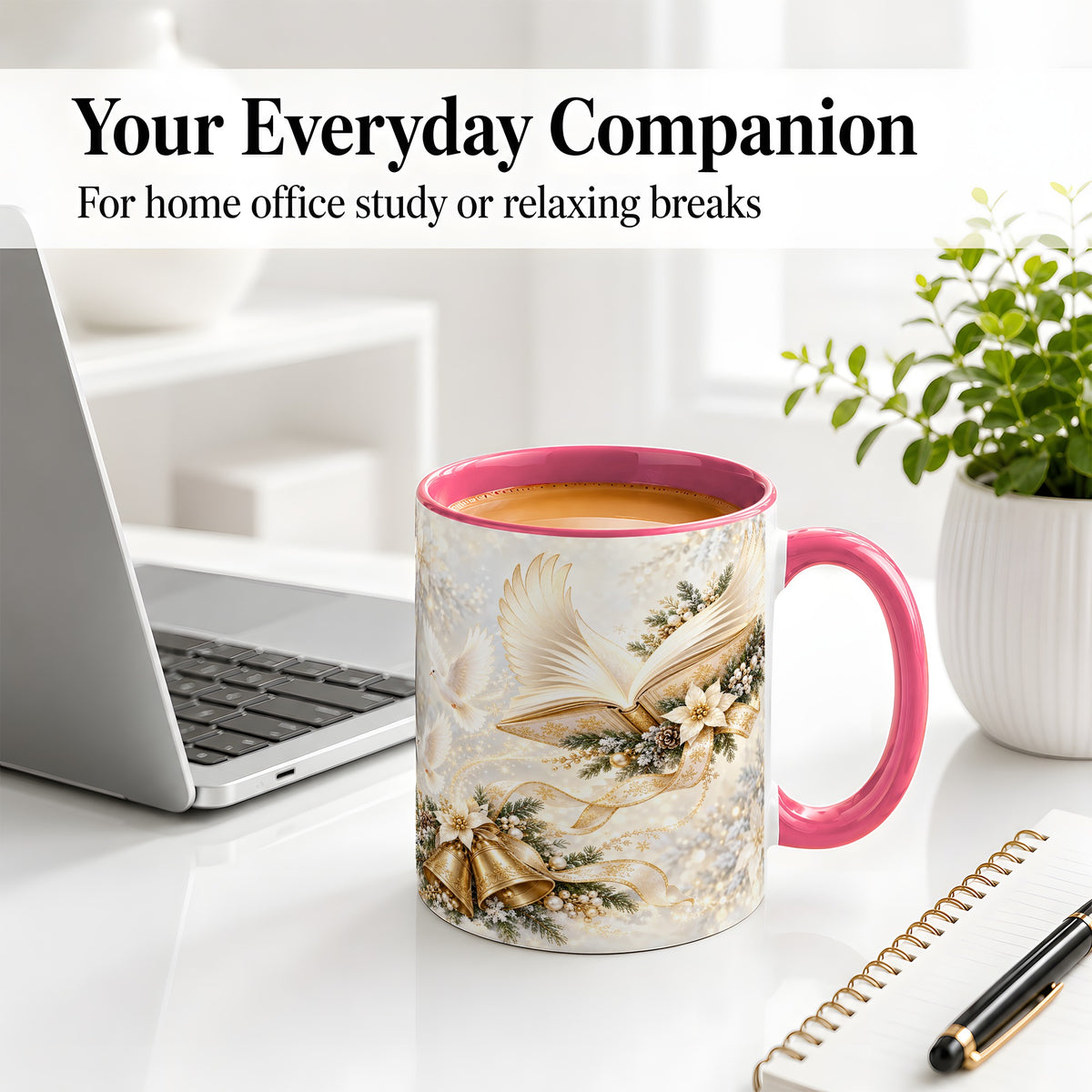 #pl[11oz|Pink] Christmas Angel Wings Book Accent Ceramic Mug, Gold Winter Art