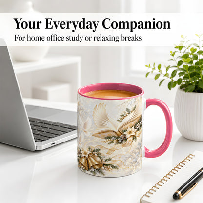 #pl[11oz|Pink] Christmas Angel Wings Book Accent Ceramic Mug, Gold Winter Art