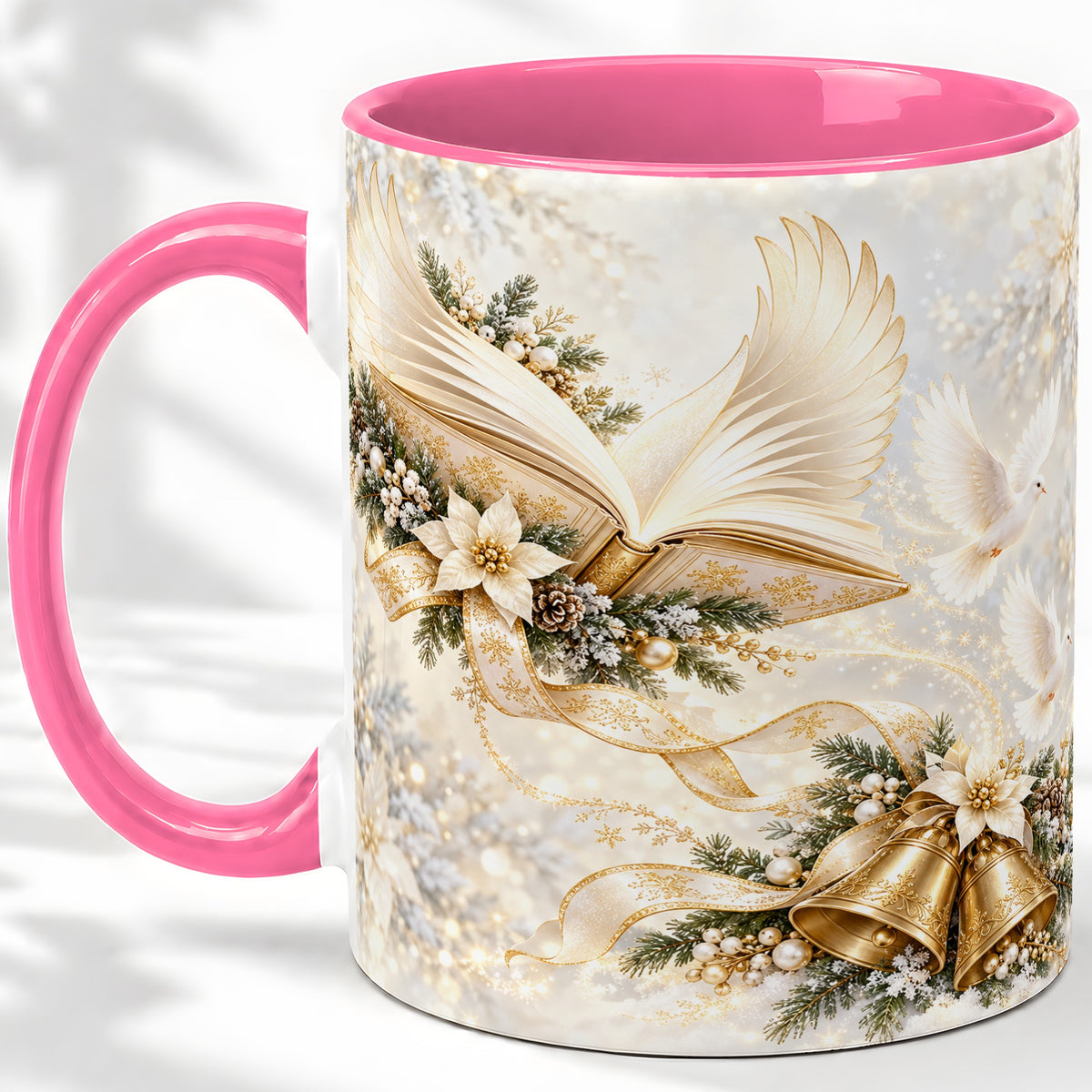 #pl[11oz|Pink] Christmas Angel Wings Book Accent Ceramic Mug, Gold Winter Art