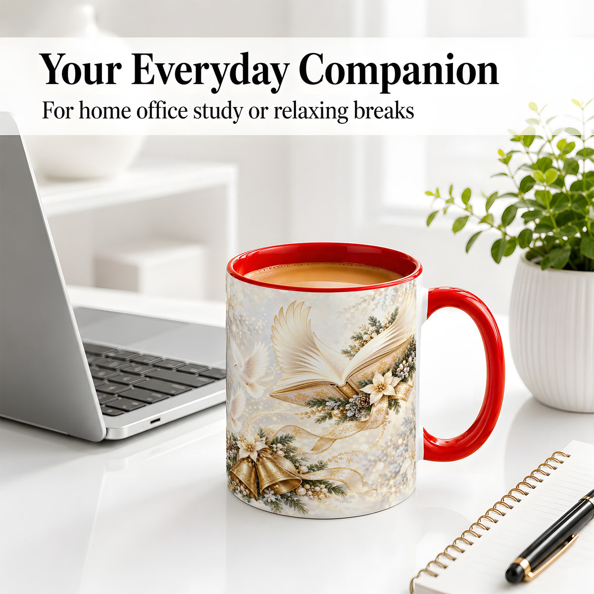 #pl[11oz|Red] Christmas Angel Wings Book Accent Ceramic Mug, Gold Winter Art