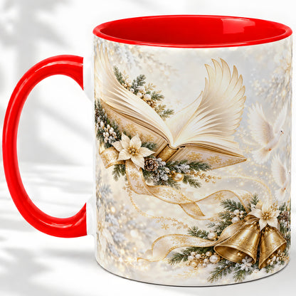 Christmas Angel Wings Book Accent Ceramic Mug, Gold Winter Art