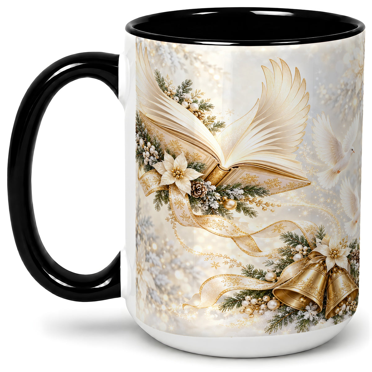 #pl[15oz|Black] Christmas Angel Wings Book Accent Ceramic Mug, Gold Winter Art