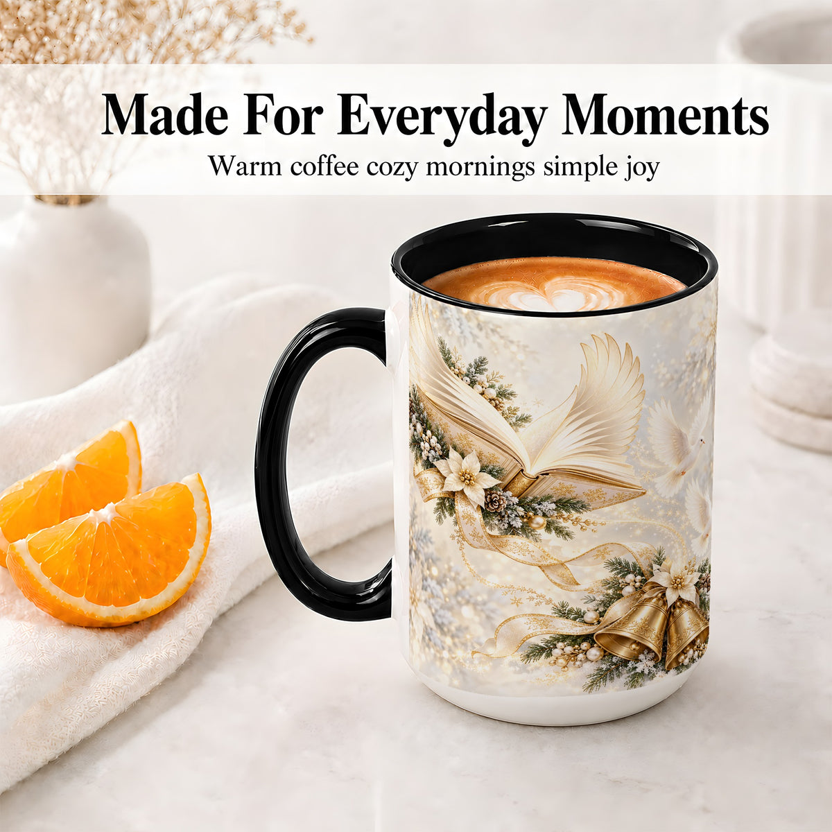 #pl[15oz|Black] Christmas Angel Wings Book Accent Ceramic Mug, Gold Winter Art