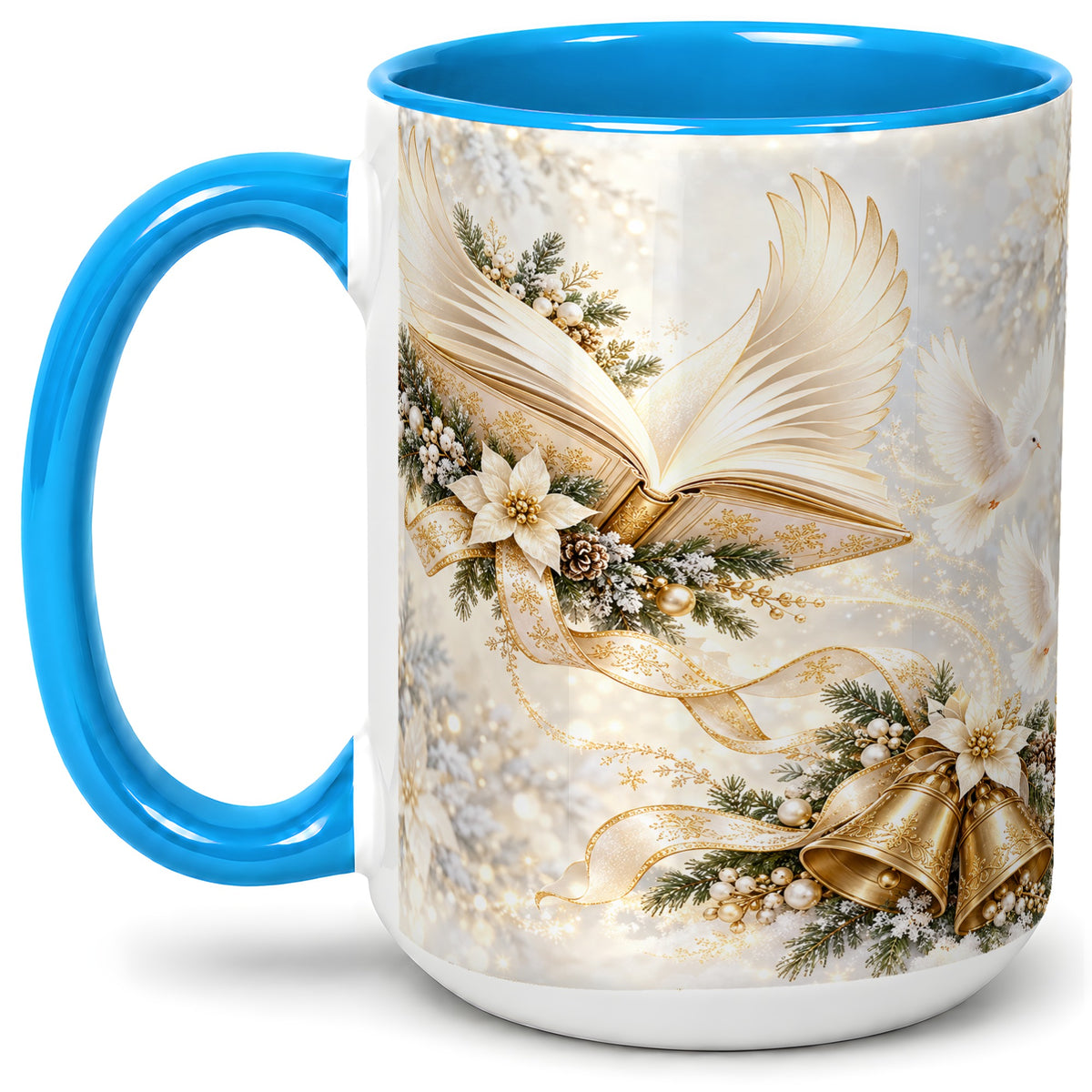 #pl[15oz|Blue] Christmas Angel Wings Book Accent Ceramic Mug, Gold Winter Art