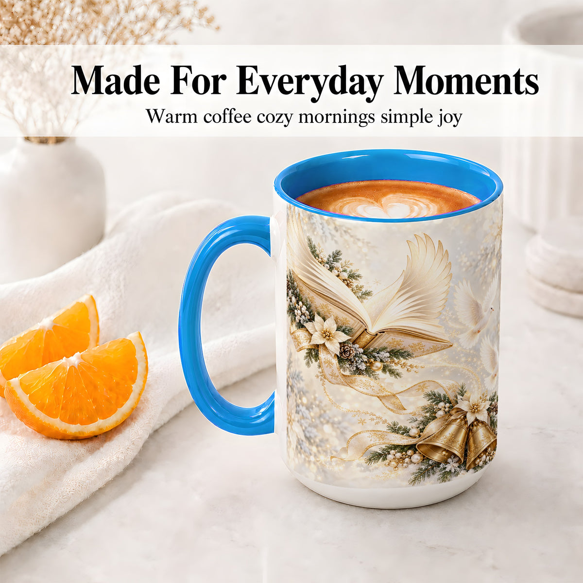 #pl[15oz|Blue] Christmas Angel Wings Book Accent Ceramic Mug, Gold Winter Art