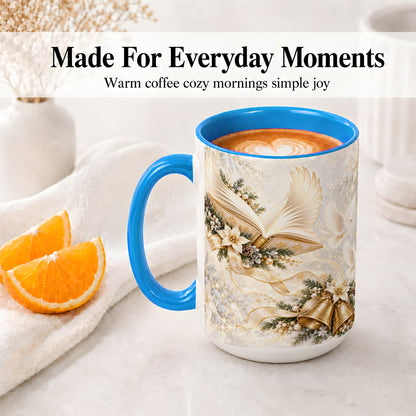 #pl[15oz|Blue] Christmas Angel Wings Book Accent Ceramic Mug, Gold Winter Art