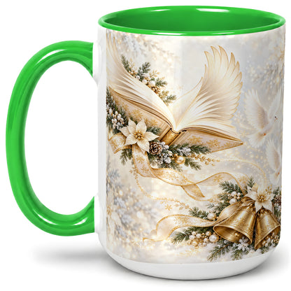 #pl[15oz|Green] Christmas Angel Wings Book Accent Ceramic Mug, Gold Winter Art