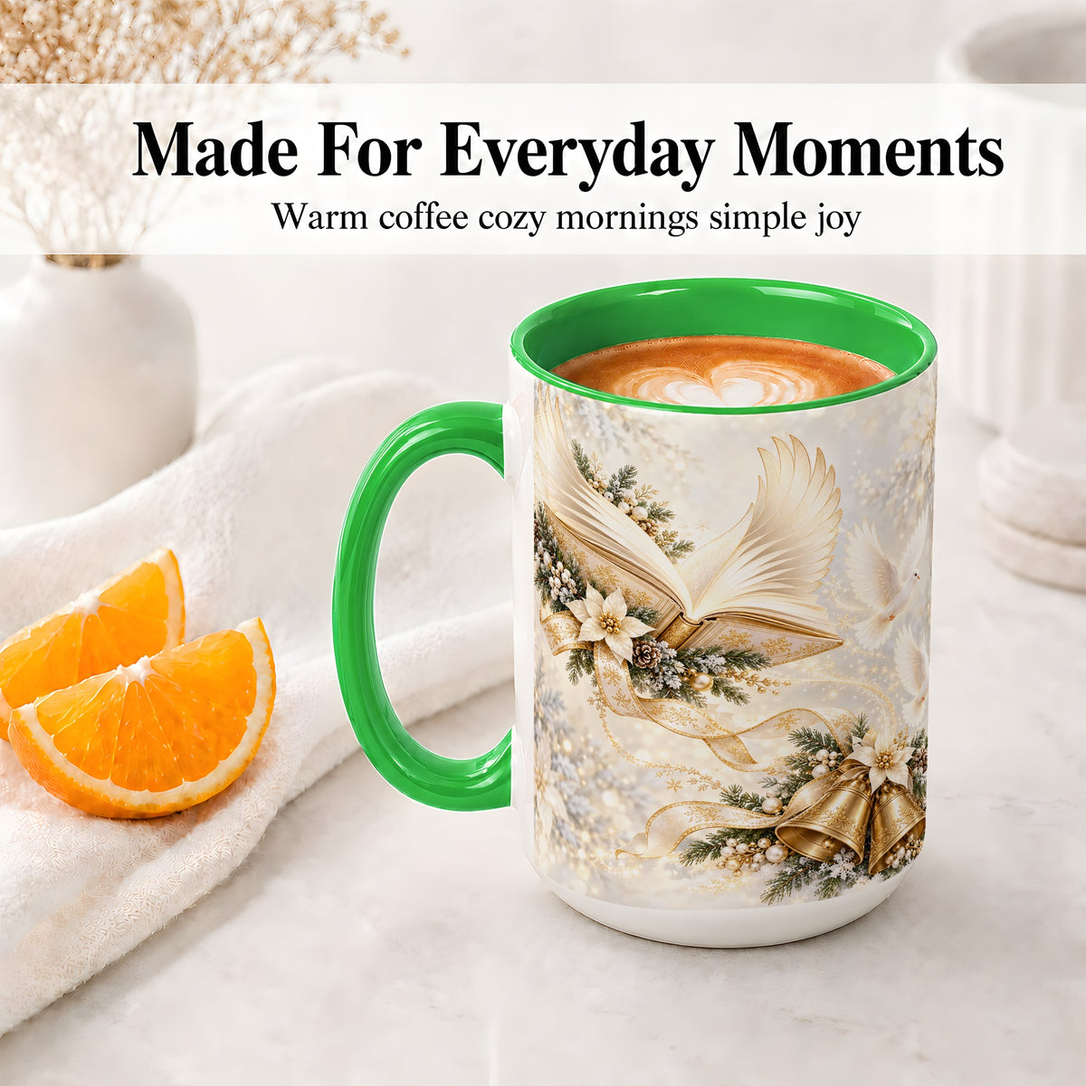 #pl[15oz|Green] Christmas Angel Wings Book Accent Ceramic Mug, Gold Winter Art