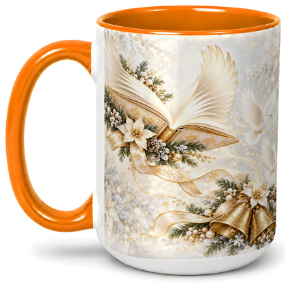 #pl[15oz|Orange] Christmas Angel Wings Book Accent Ceramic Mug, Gold Winter Art