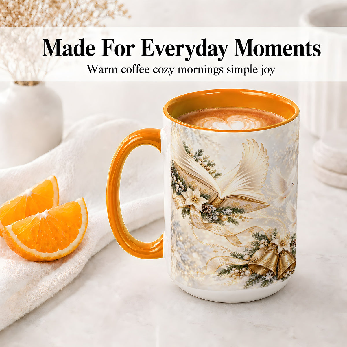 #pl[15oz|Orange] Christmas Angel Wings Book Accent Ceramic Mug, Gold Winter Art