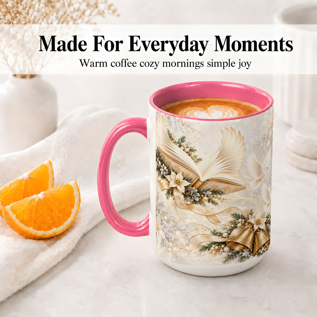 #pl[15oz|Pink] Christmas Angel Wings Book Accent Ceramic Mug, Gold Winter Art