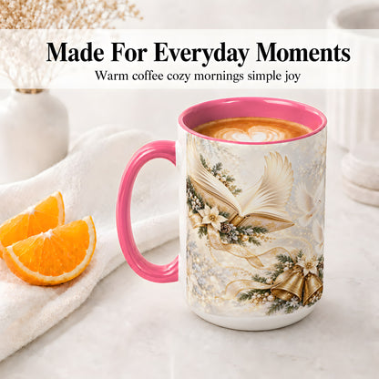 #pl[15oz|Pink] Christmas Angel Wings Book Accent Ceramic Mug, Gold Winter Art