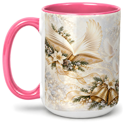 #pl[15oz|Pink] Christmas Angel Wings Book Accent Ceramic Mug, Gold Winter Art