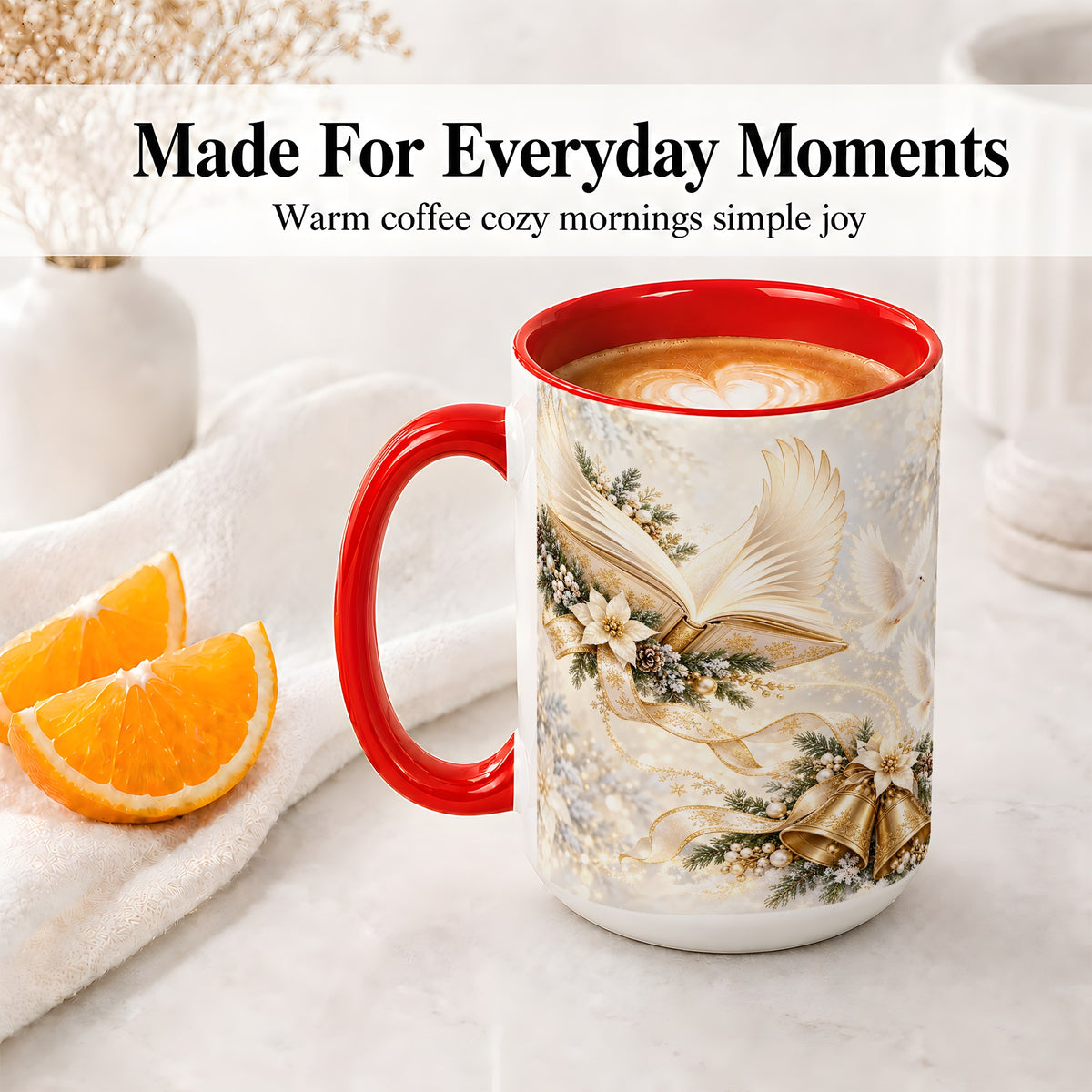 #pl[15oz|Red] Christmas Angel Wings Book Accent Ceramic Mug, Gold Winter Art