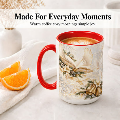 #pl[15oz|Red] Christmas Angel Wings Book Accent Ceramic Mug, Gold Winter Art