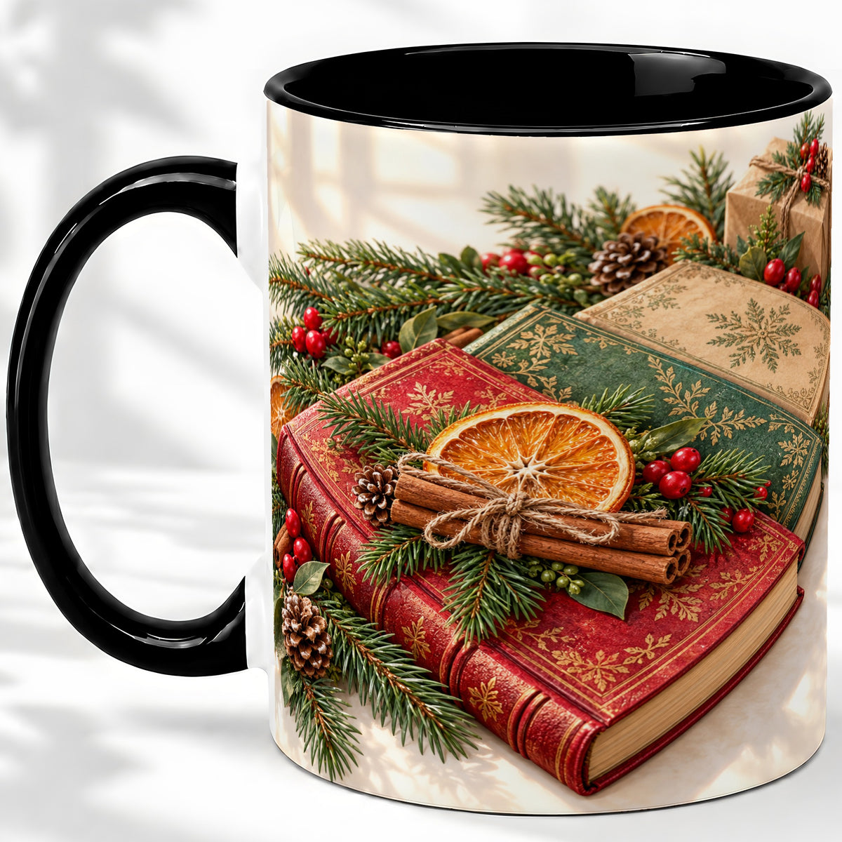 #pl[11oz|Black] Vintage Christmas Books Accent Ceramic Mug, Botanical Winter Art