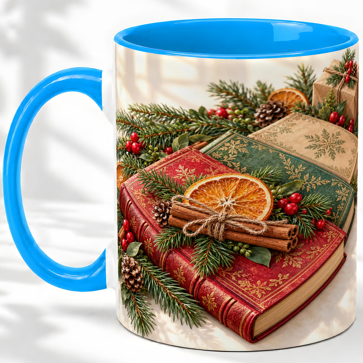 #pl[11oz|Blue] Vintage Christmas Books Accent Ceramic Mug, Botanical Winter Art