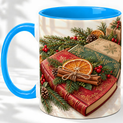 #pl[11oz|Blue] Vintage Christmas Books Accent Ceramic Mug, Botanical Winter Art