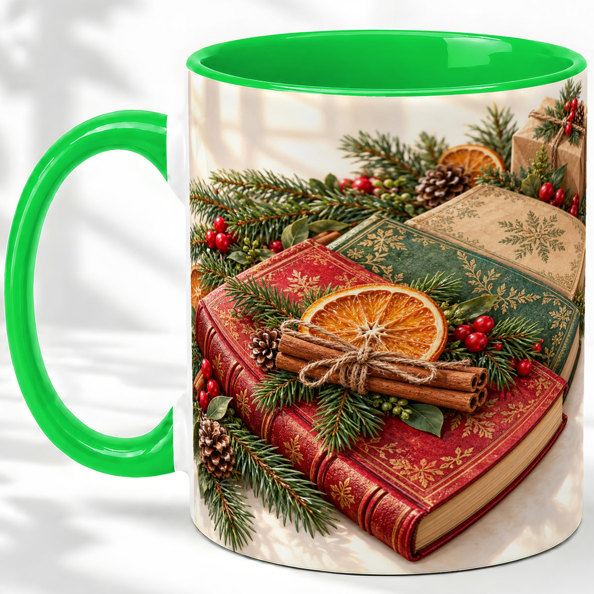 #pl[11oz|Green] Vintage Christmas Books Accent Ceramic Mug, Botanical Winter Art