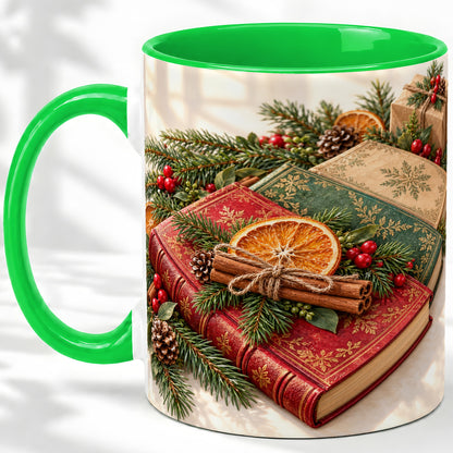 #pl[11oz|Green] Vintage Christmas Books Accent Ceramic Mug, Botanical Winter Art