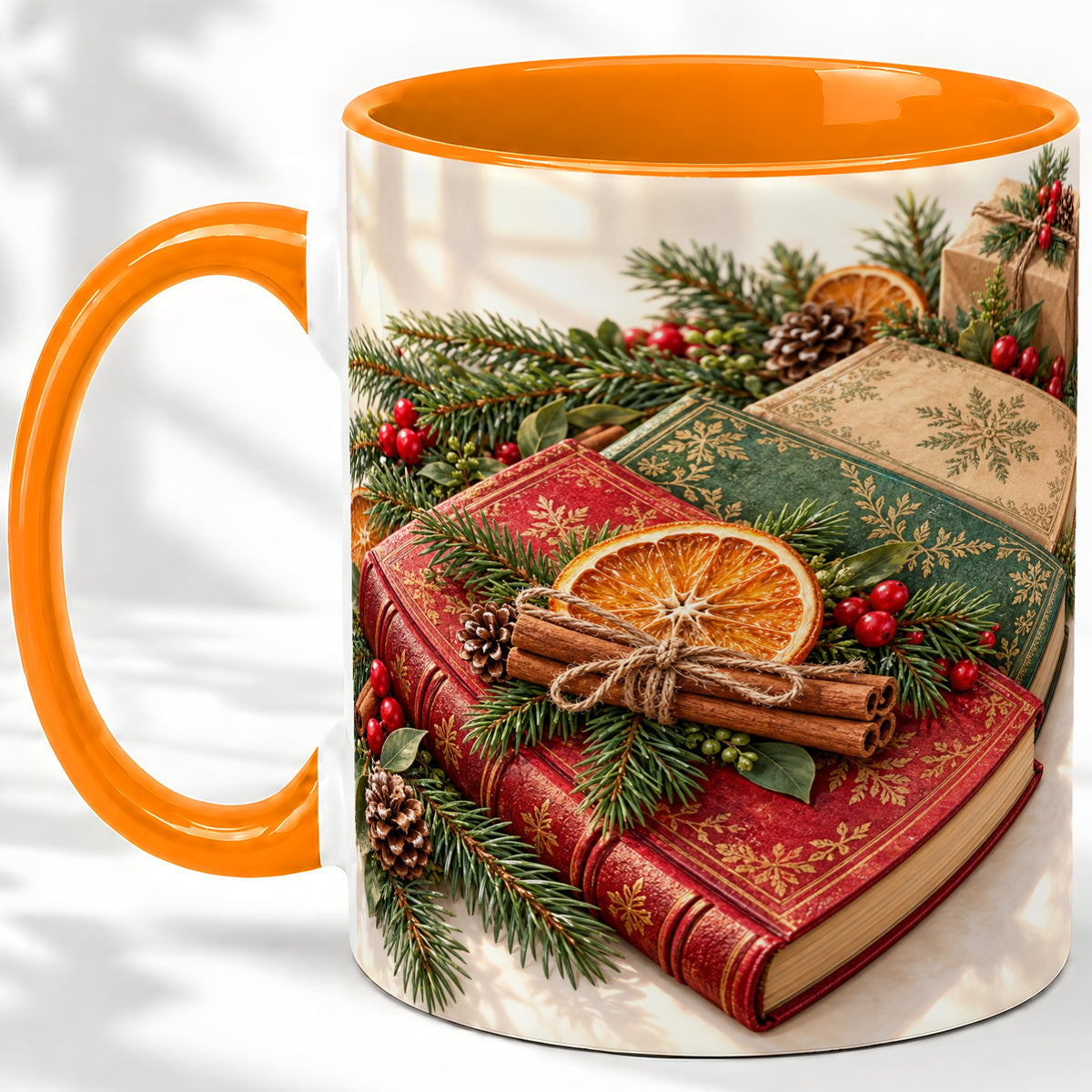 #pl[11oz|Orange] Vintage Christmas Books Accent Ceramic Mug, Botanical Winter Art