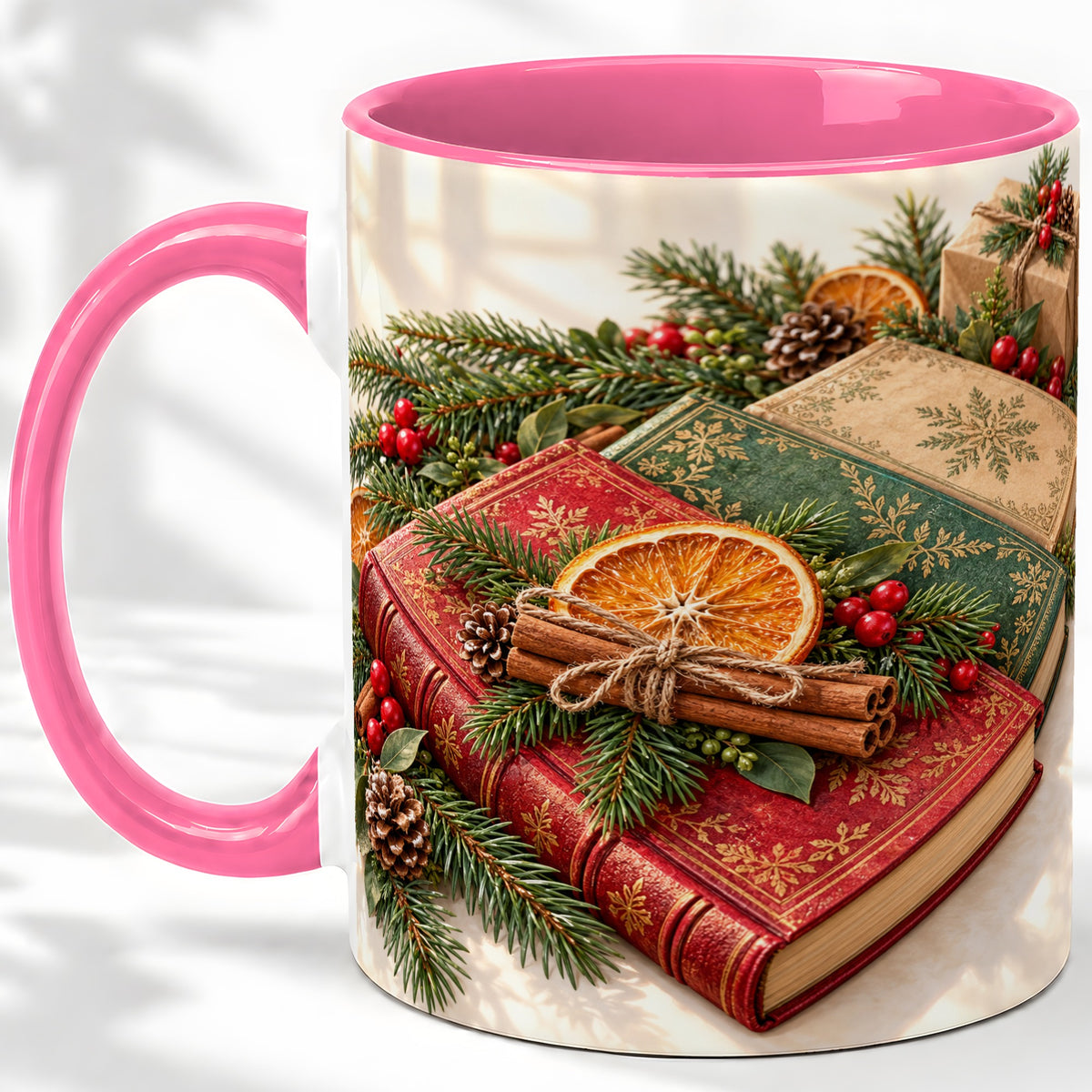 #pl[11oz|Pink] Vintage Christmas Books Accent Ceramic Mug, Botanical Winter Art