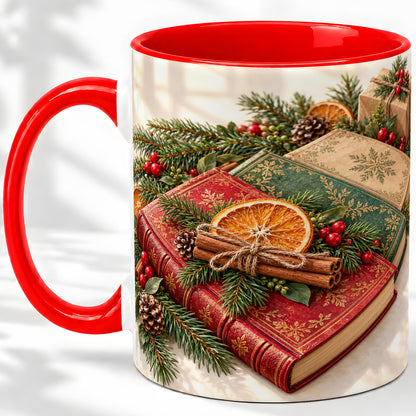 Vintage Christmas Books Accent Ceramic Mug, Botanical Winter Art