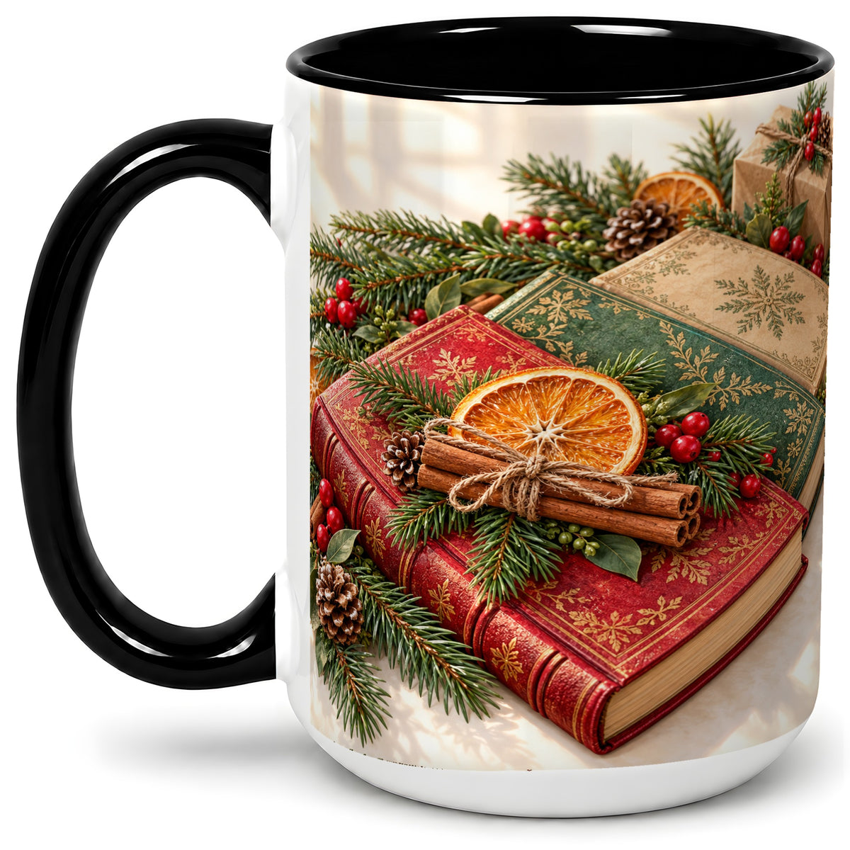 #pl[15oz|Black] Vintage Christmas Books Accent Ceramic Mug, Botanical Winter Art