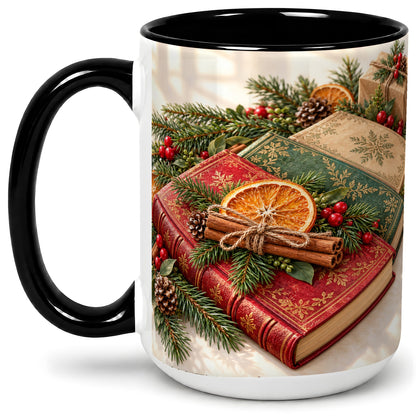 #pl[15oz|Black] Vintage Christmas Books Accent Ceramic Mug, Botanical Winter Art