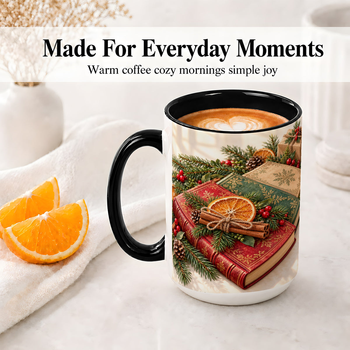 #pl[15oz|Black] Vintage Christmas Books Accent Ceramic Mug, Botanical Winter Art