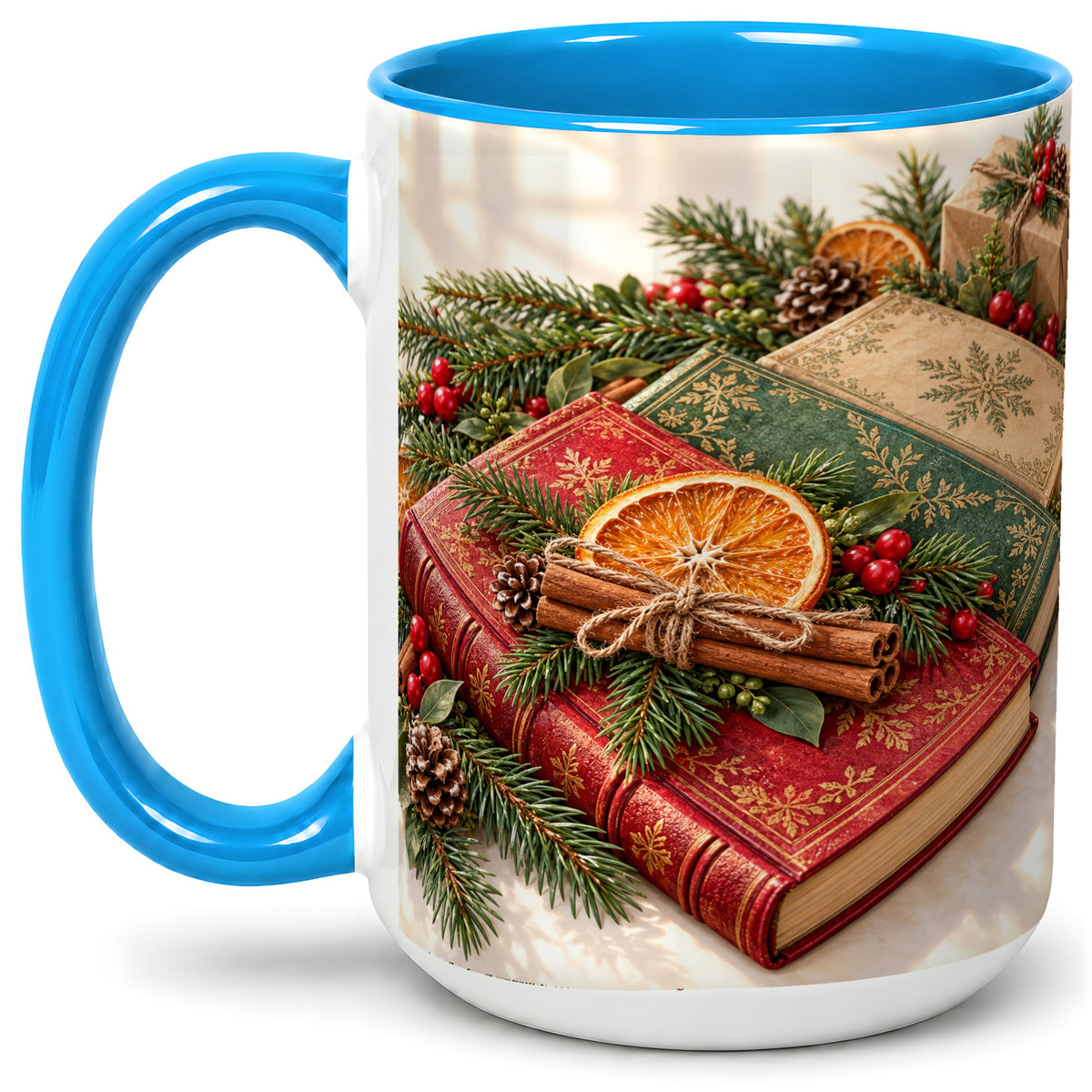 #pl[15oz|Blue] Vintage Christmas Books Accent Ceramic Mug, Botanical Winter Art