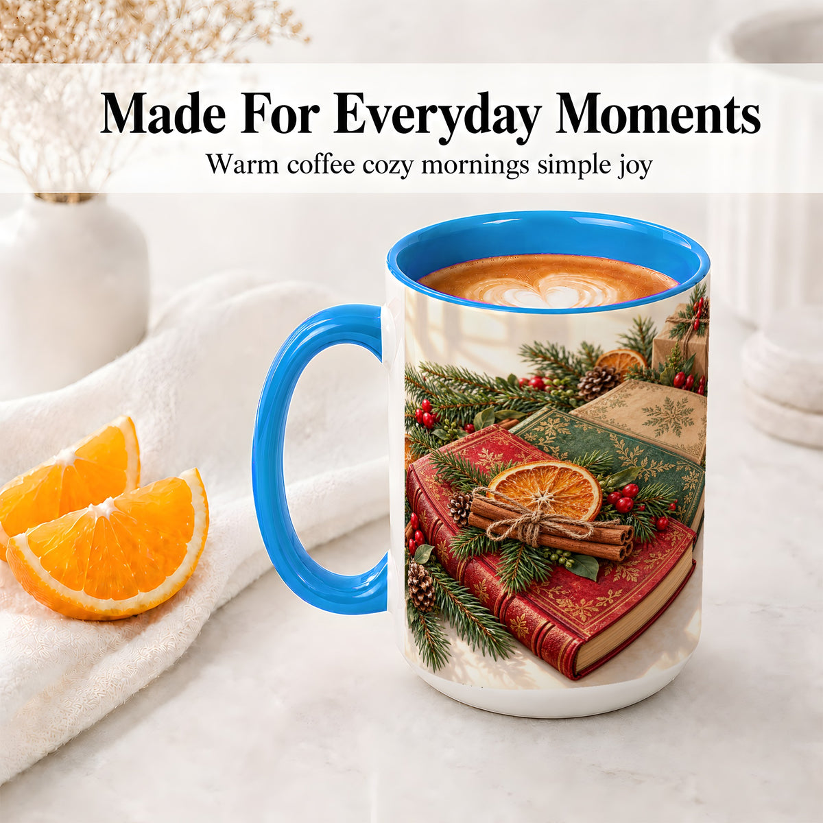 #pl[15oz|Blue] Vintage Christmas Books Accent Ceramic Mug, Botanical Winter Art