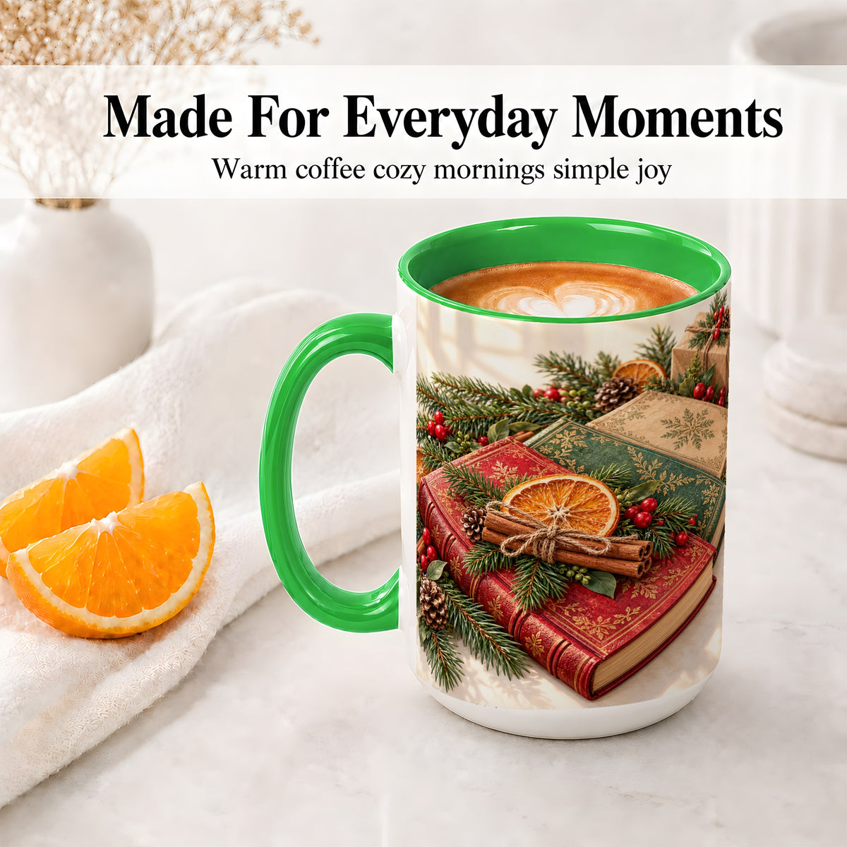 #pl[15oz|Green] Vintage Christmas Books Accent Ceramic Mug, Botanical Winter Art