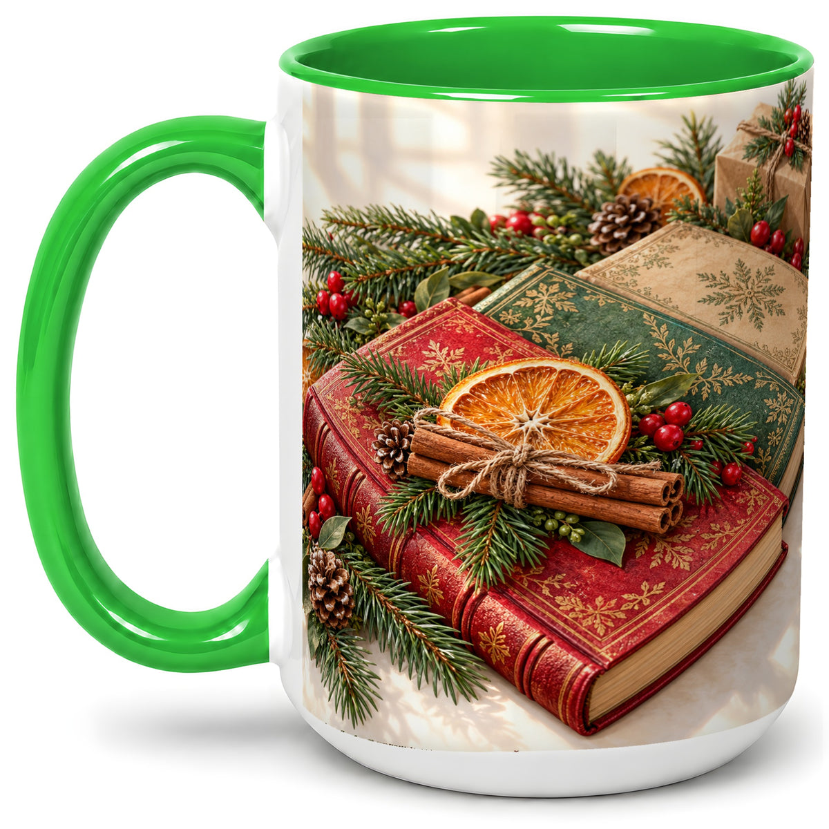 #pl[15oz|Green] Vintage Christmas Books Accent Ceramic Mug, Botanical Winter Art