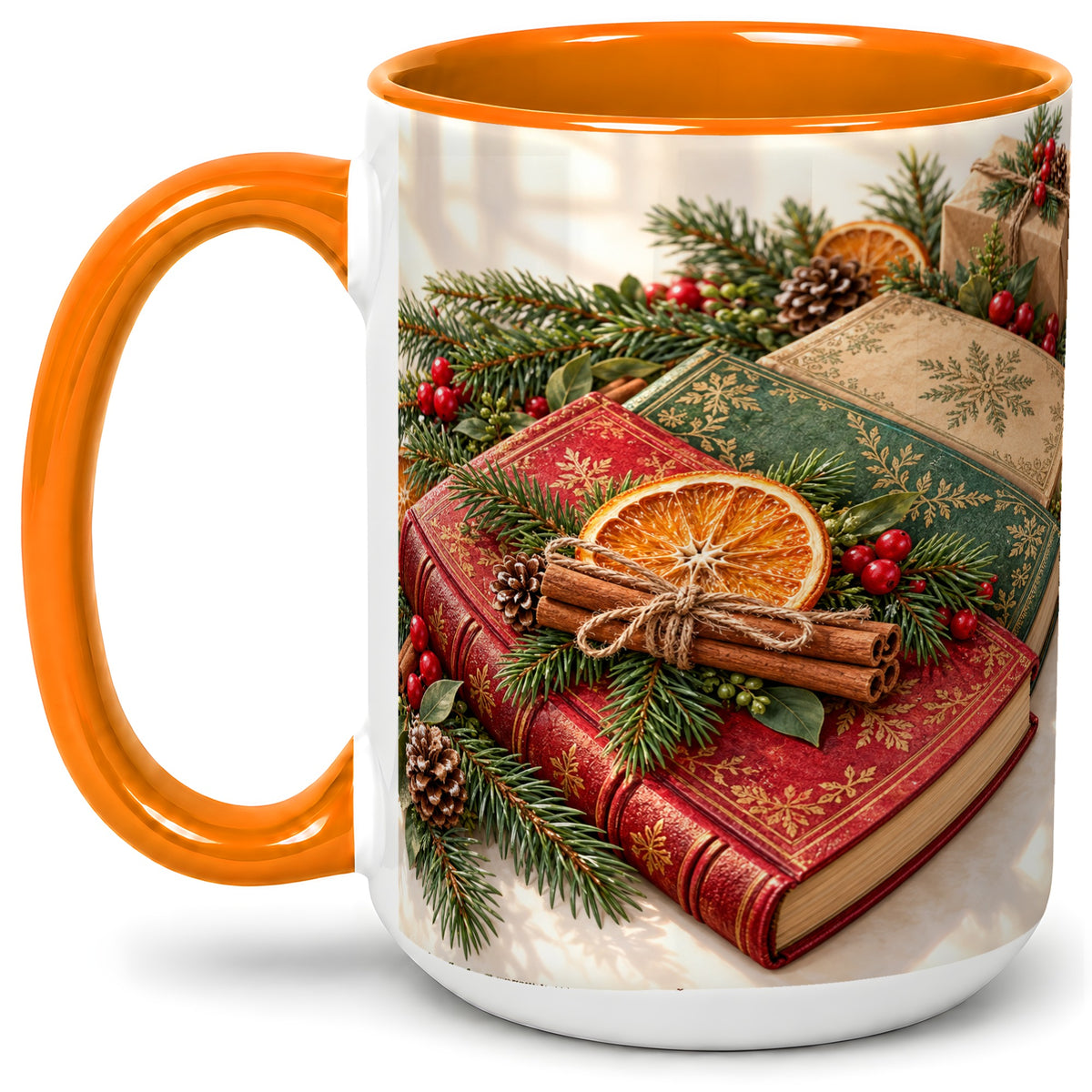 #pl[15oz|Orange] Vintage Christmas Books Accent Ceramic Mug, Botanical Winter Art