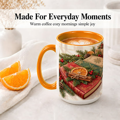 #pl[15oz|Orange] Vintage Christmas Books Accent Ceramic Mug, Botanical Winter Art