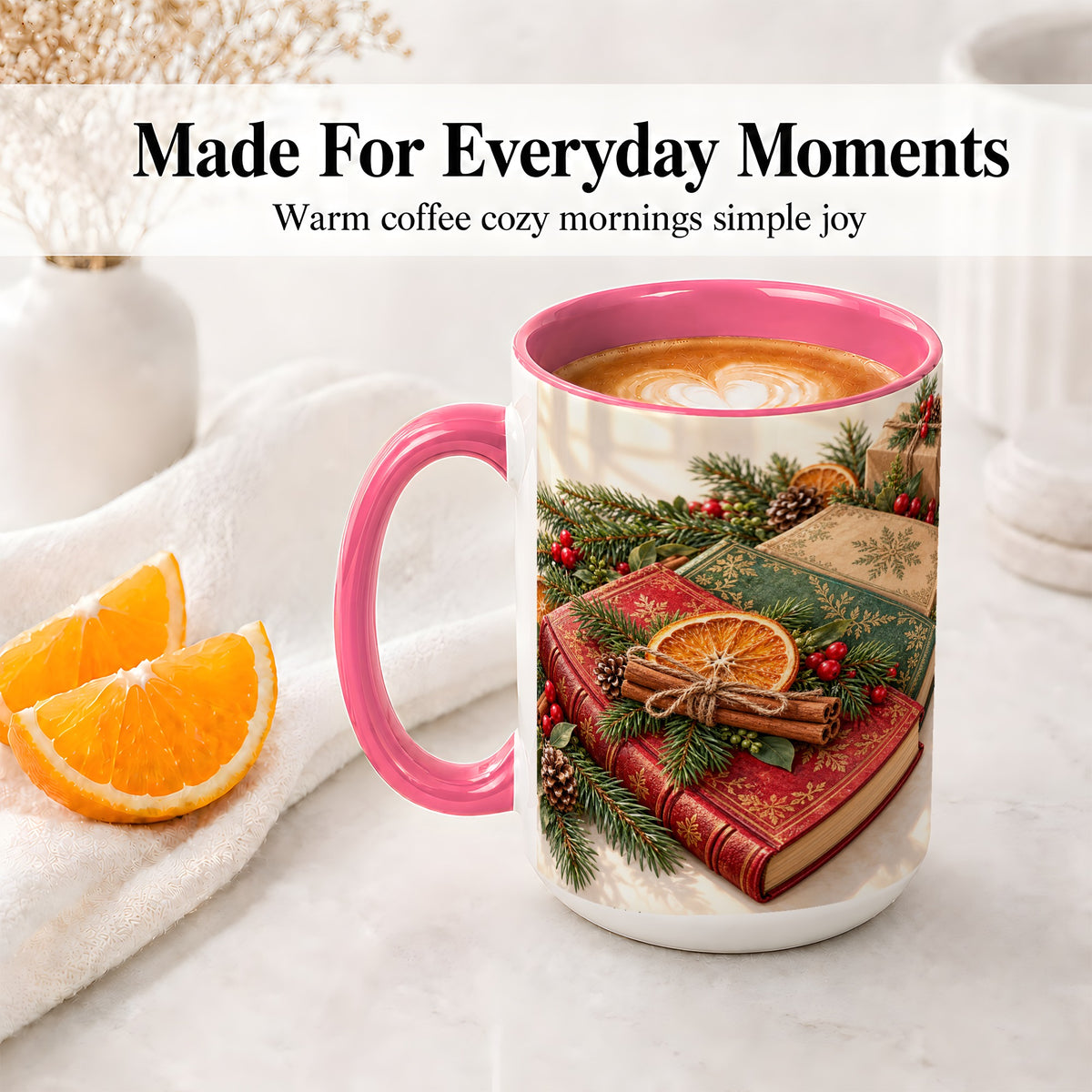 #pl[15oz|Pink] Vintage Christmas Books Accent Ceramic Mug, Botanical Winter Art
