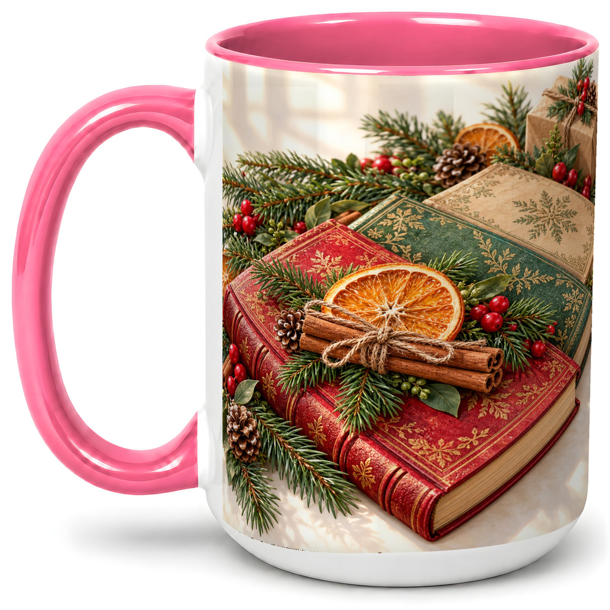 #pl[15oz|Pink] Vintage Christmas Books Accent Ceramic Mug, Botanical Winter Art