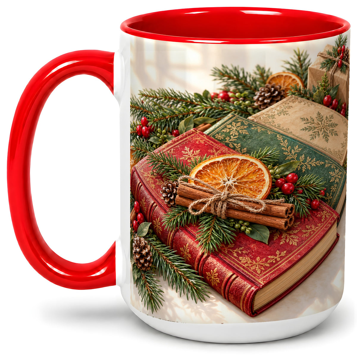 #pl[15oz|Red] Vintage Christmas Books Accent Ceramic Mug, Botanical Winter Art